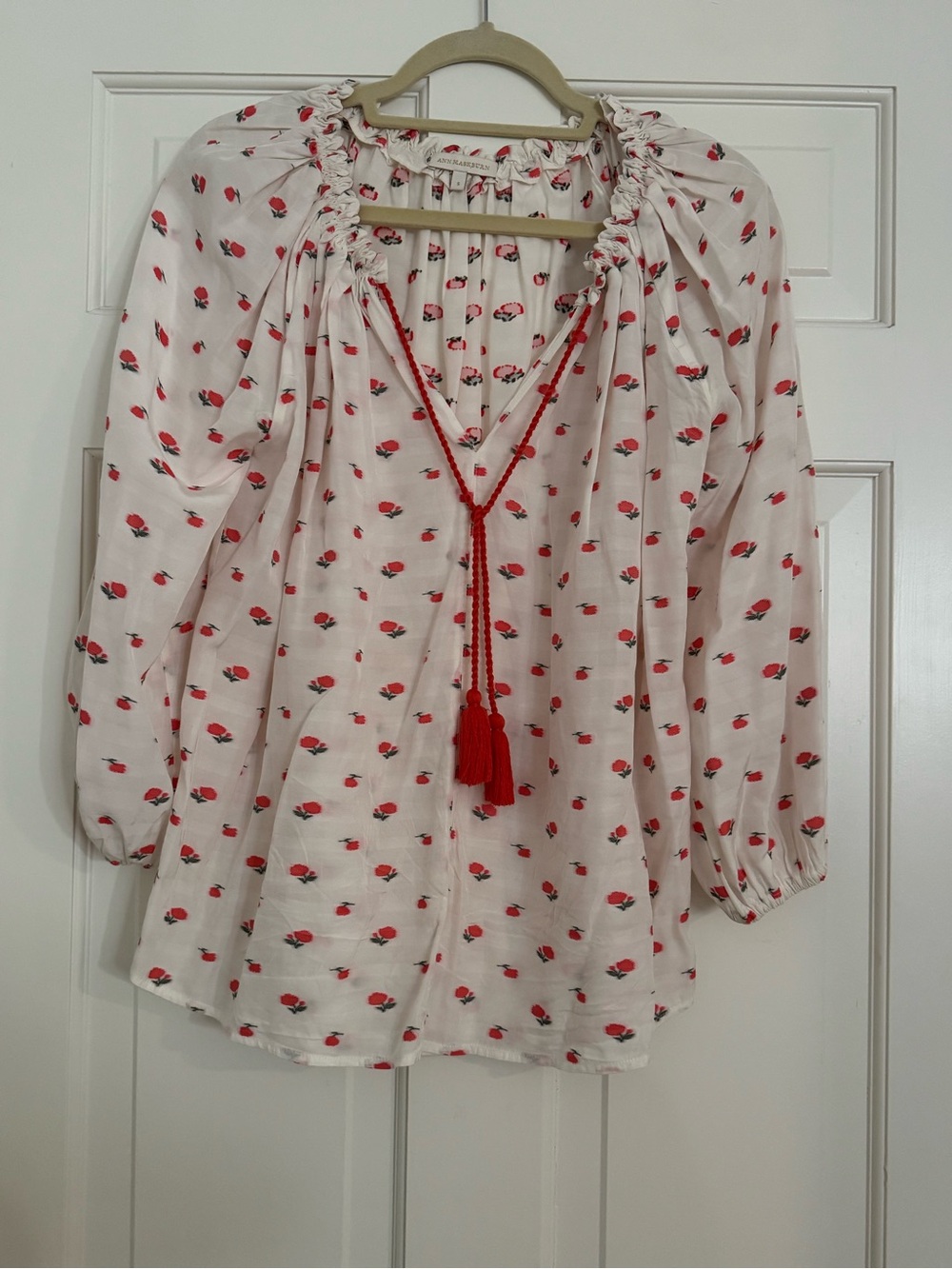 ANN MASHBURN White Blouse with Coral Tassel Tie